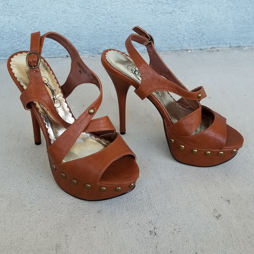 Brown Faux Leather Platform Studded Heels